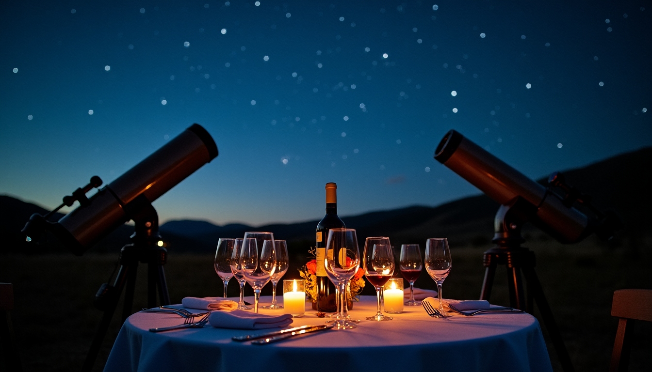 A wine and astronomy event setup with a telescope and wine glasses under a starry sky.
