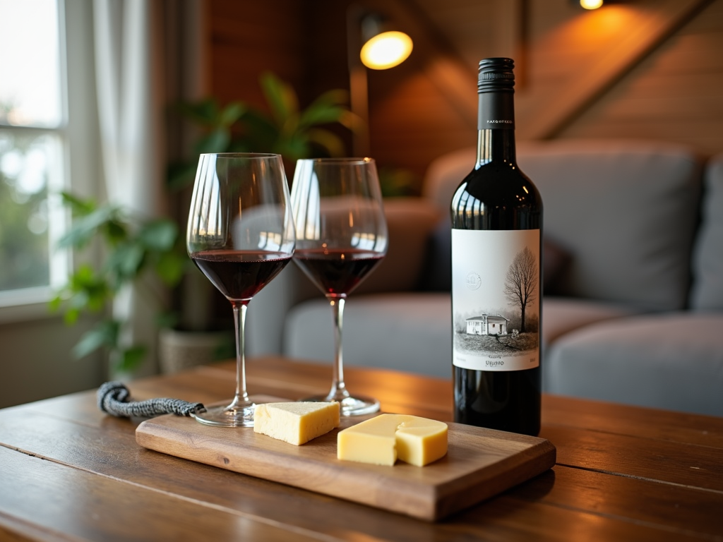 Wine and cheese setup on a wooden table.