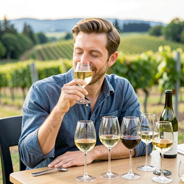 Person savoring a sip of white wine during tasting