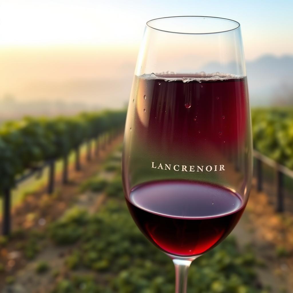 A glass of La Crema Pinot Noir held in front of a misty Sonoma vineyard at dawn.