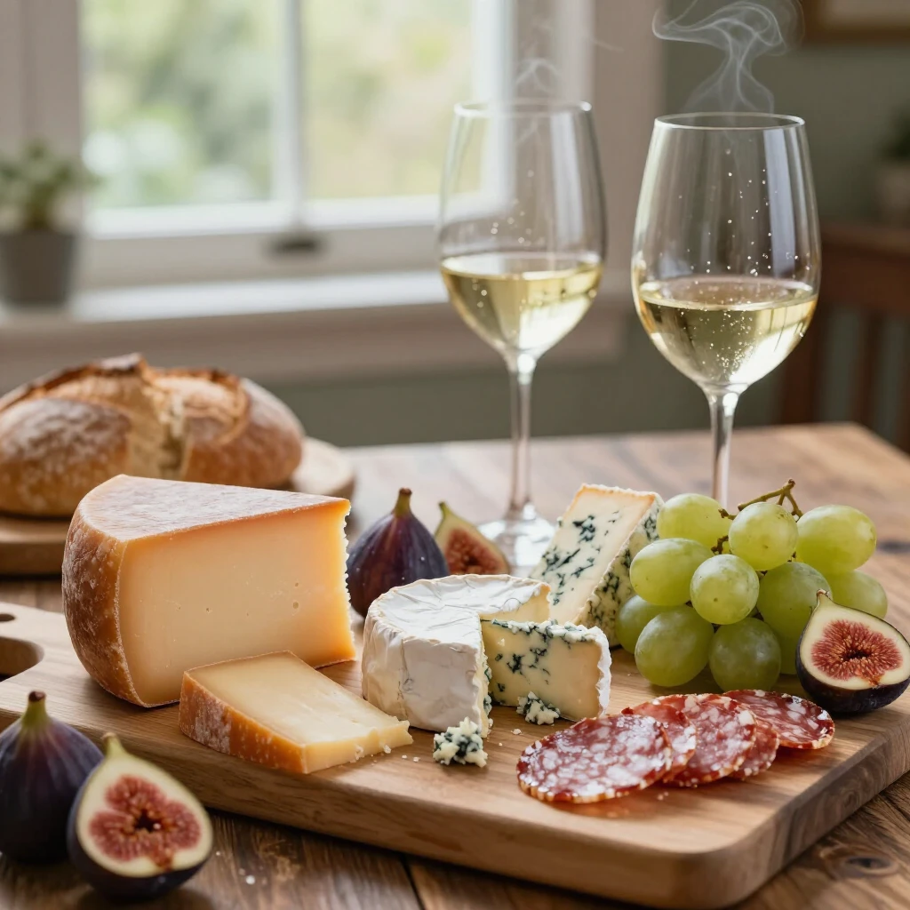 Cheese board paired with Jackson Family white wine, showcasing classic textures and colors