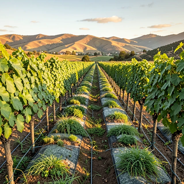 Organic vineyard using drip irrigation for water conservation in California