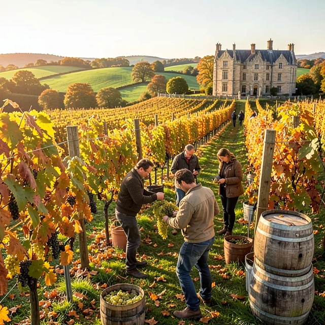 Harvesting Chardonnay grapes in Crouch Valley for Marbury wine