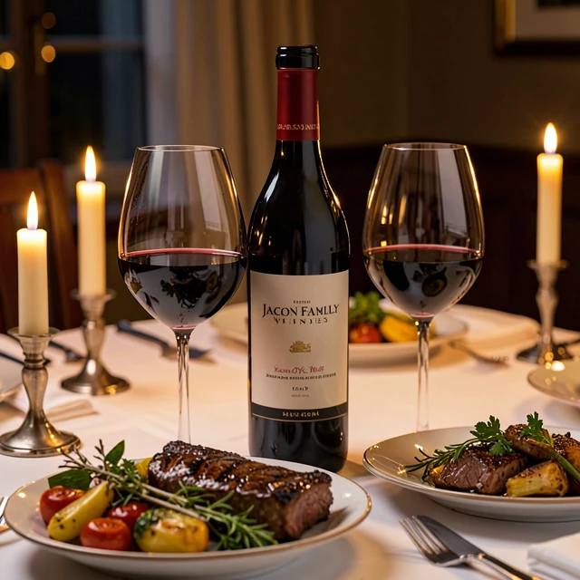 Elegant dinner table featuring Jackson Family Wines paired with grilled steak and sides