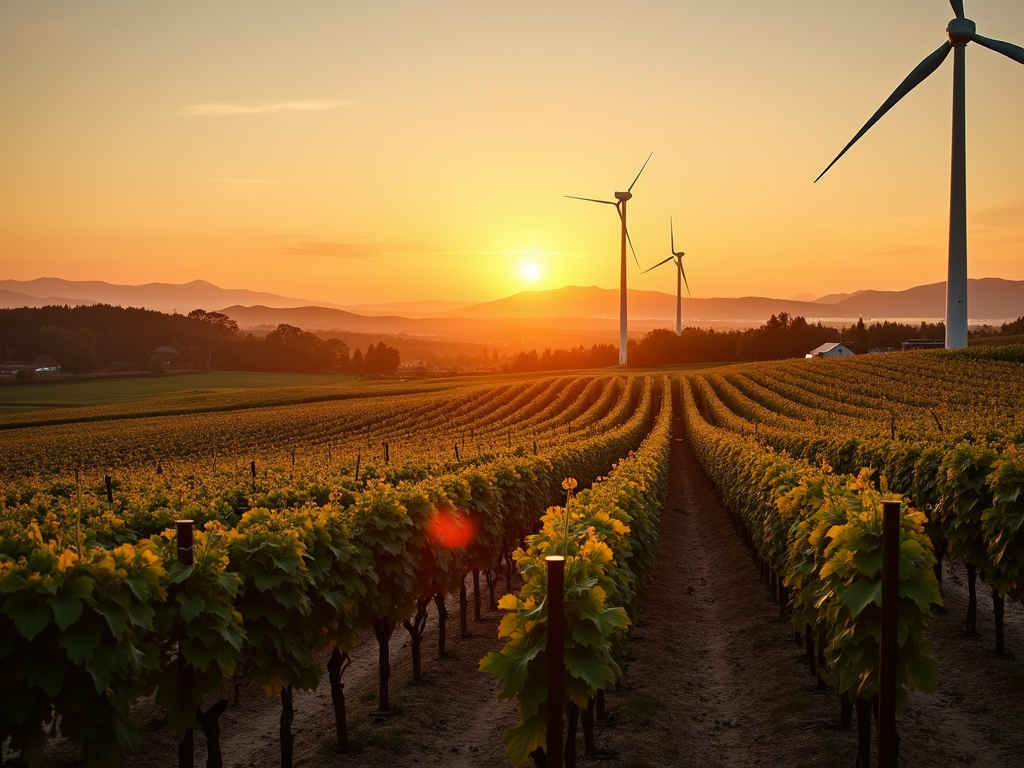 Vineyard with solar panels and wind turbine at sunset