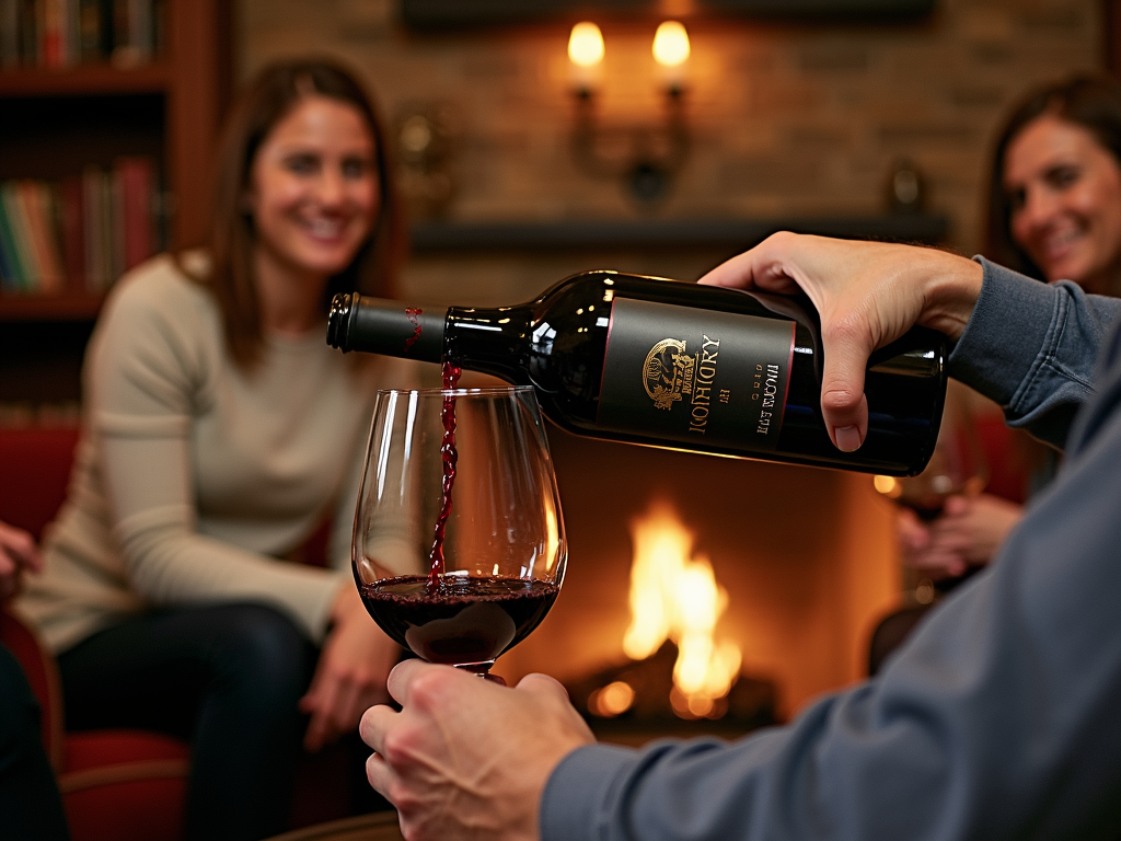 Pouring Duckhorn Merlot by a cozy fireplace