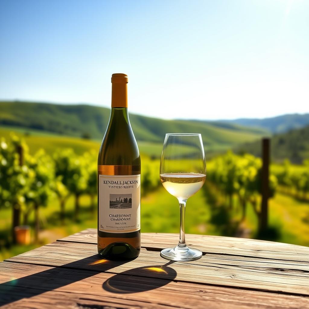 A bottle of Kendall-Jackson Chardonnay on a wooden table in a sunny vineyard with rolling hills in the background.