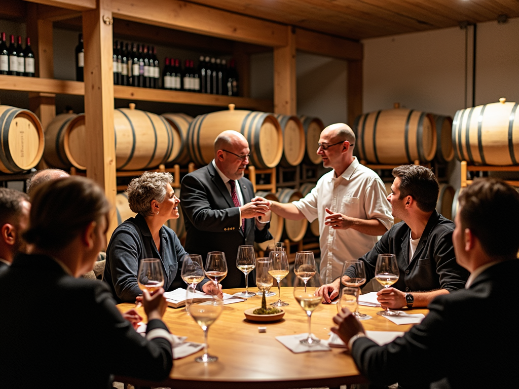 A cozy wine tasting room setting with guests sampling wines.