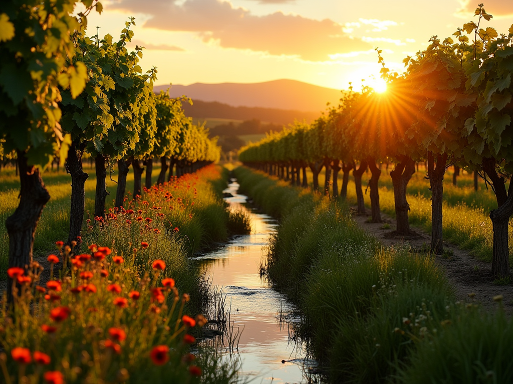 Sunset over a biodiverse vineyard with grapevines and a stream.