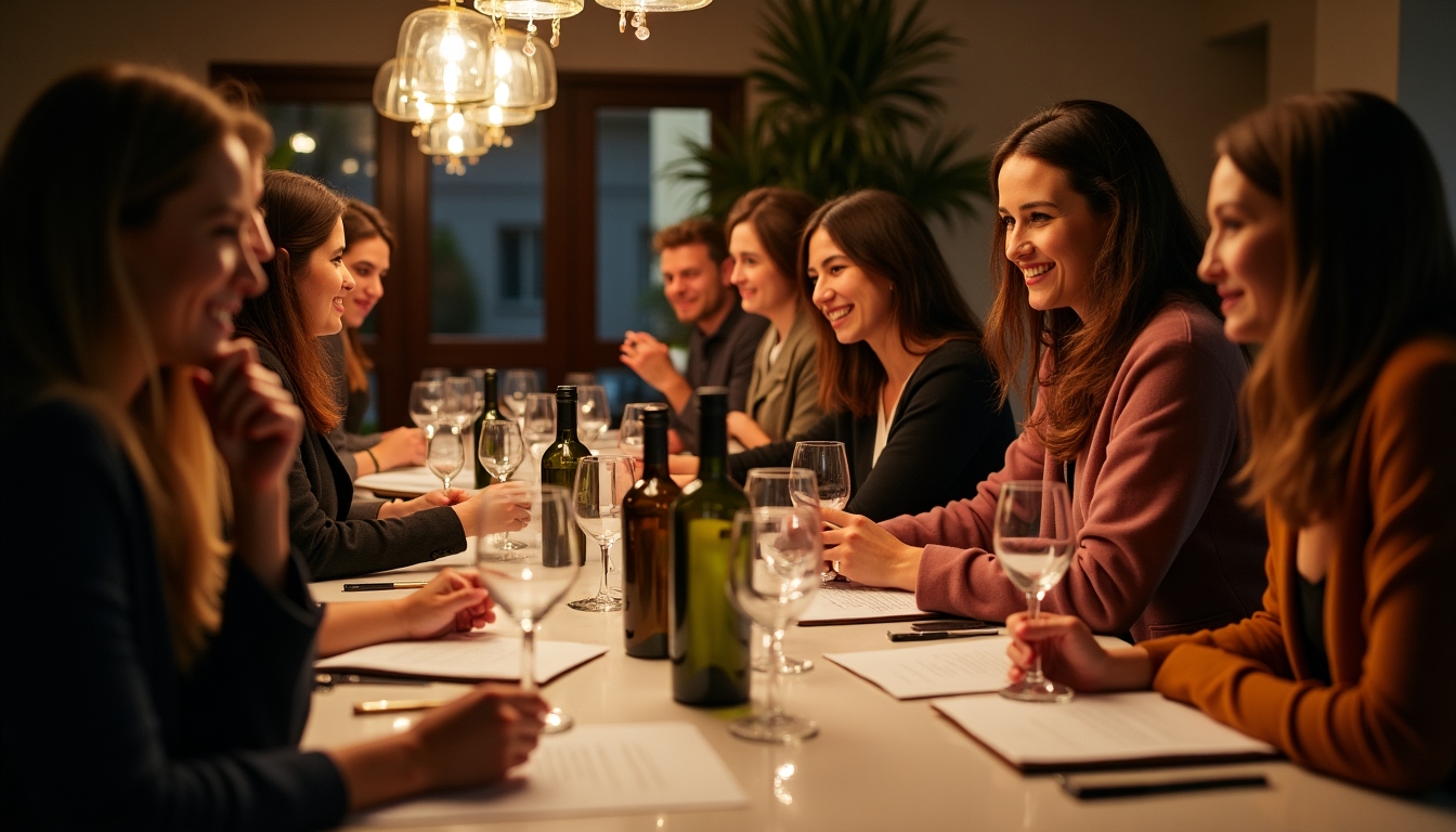 A group of friends enjoying a wine tasting session in a cozy setting, capturing the social and enjoyable aspect of wine tasting.