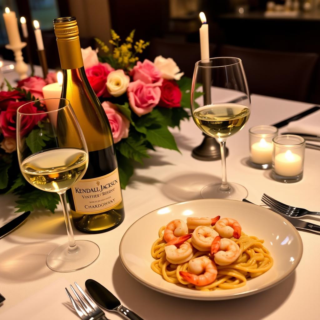Elegant dining setup with Kendall-Jackson Chardonnay and a plate of creamy pasta