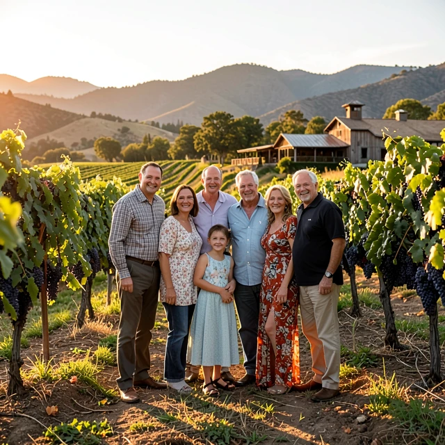 Multi-generational family in a sunny California vineyard