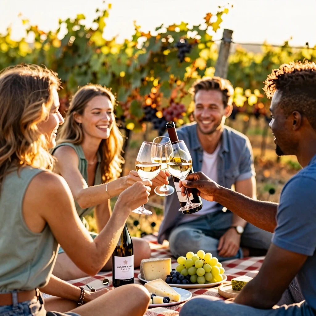 Group of friends sharing a joyful wine tasting picnic