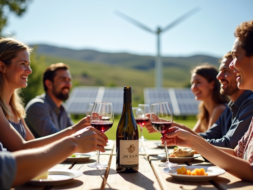 Friends enjoying a wine tasting at a sustainable winery.