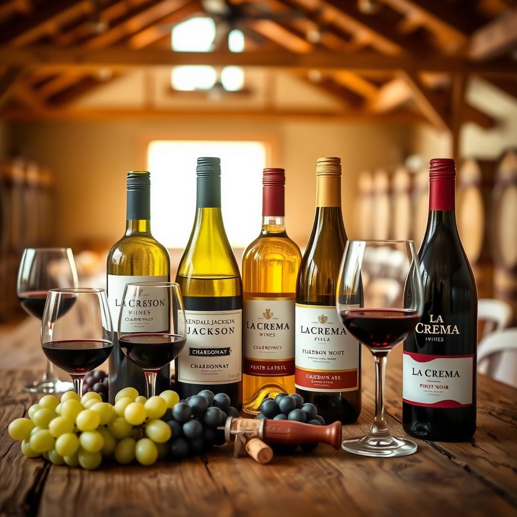 A table displaying Jackson Family Wines bottles, grapes, and wine glasses in a cozy winery tasting room.
