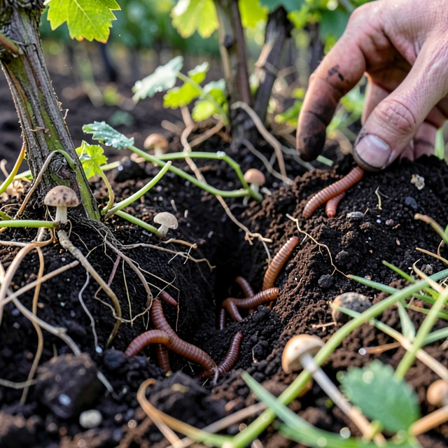 Close-up of healthy regenerative vineyard soil teeming with earthworms and strong roots