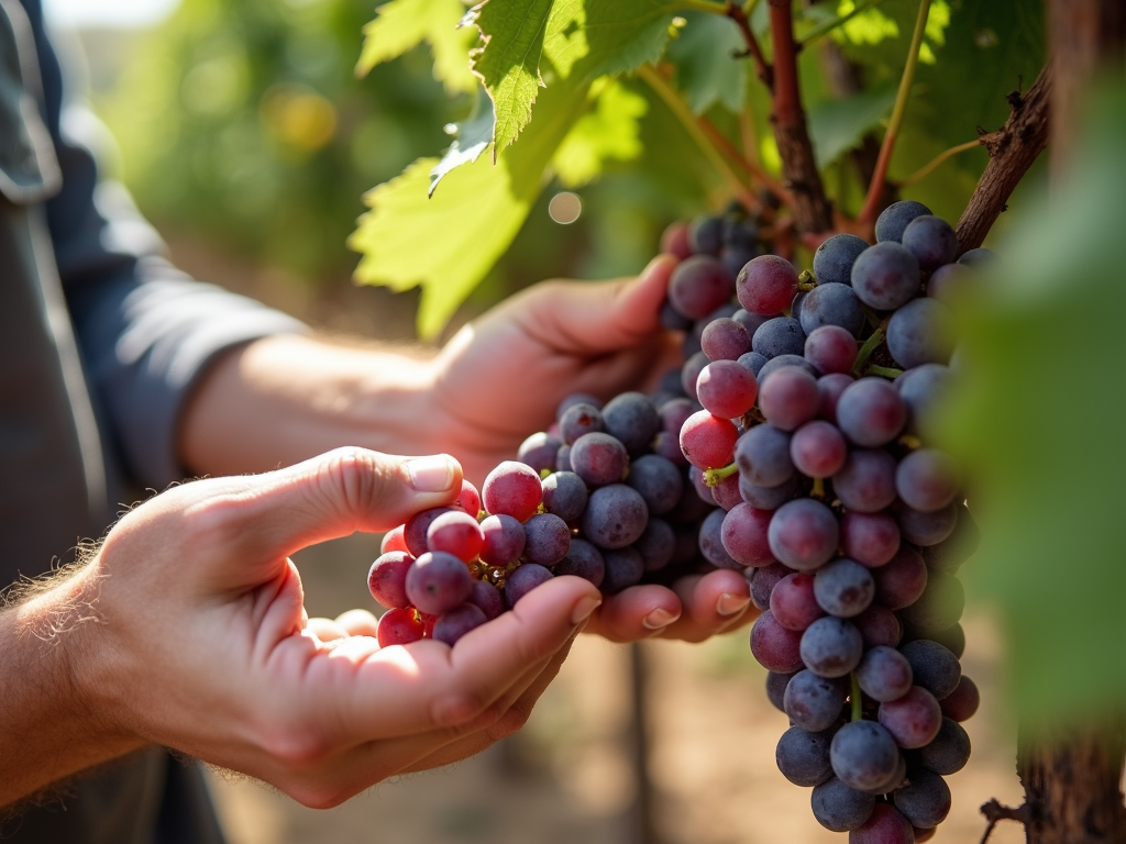 Winemaker inspecting grapes in a terroir-rich vineyard.