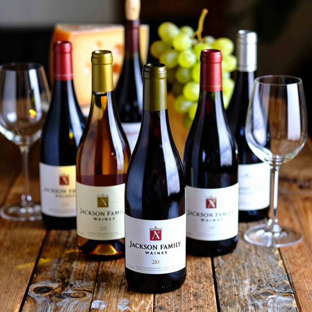 Elegant bottles and glasses of Jackson Family Wines on a wooden table