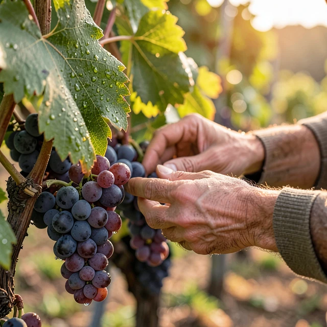 Winemaker hands inspecting grapes in the vineyard