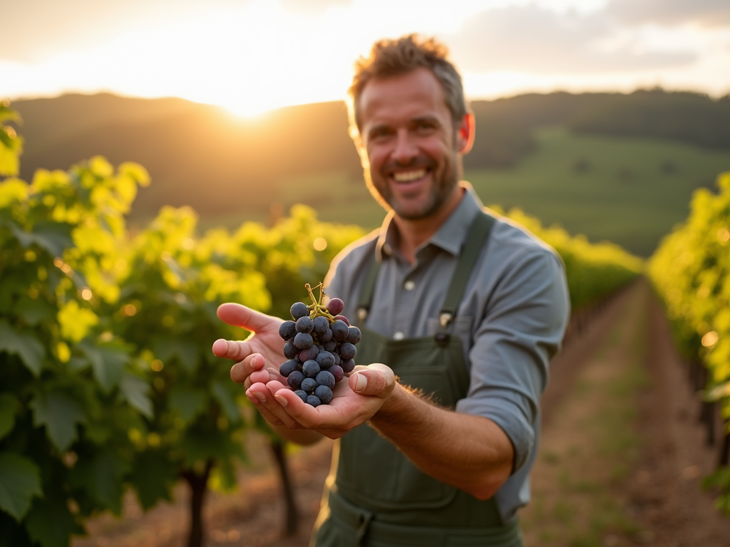 Winemaker inspecting grapes in vineyard