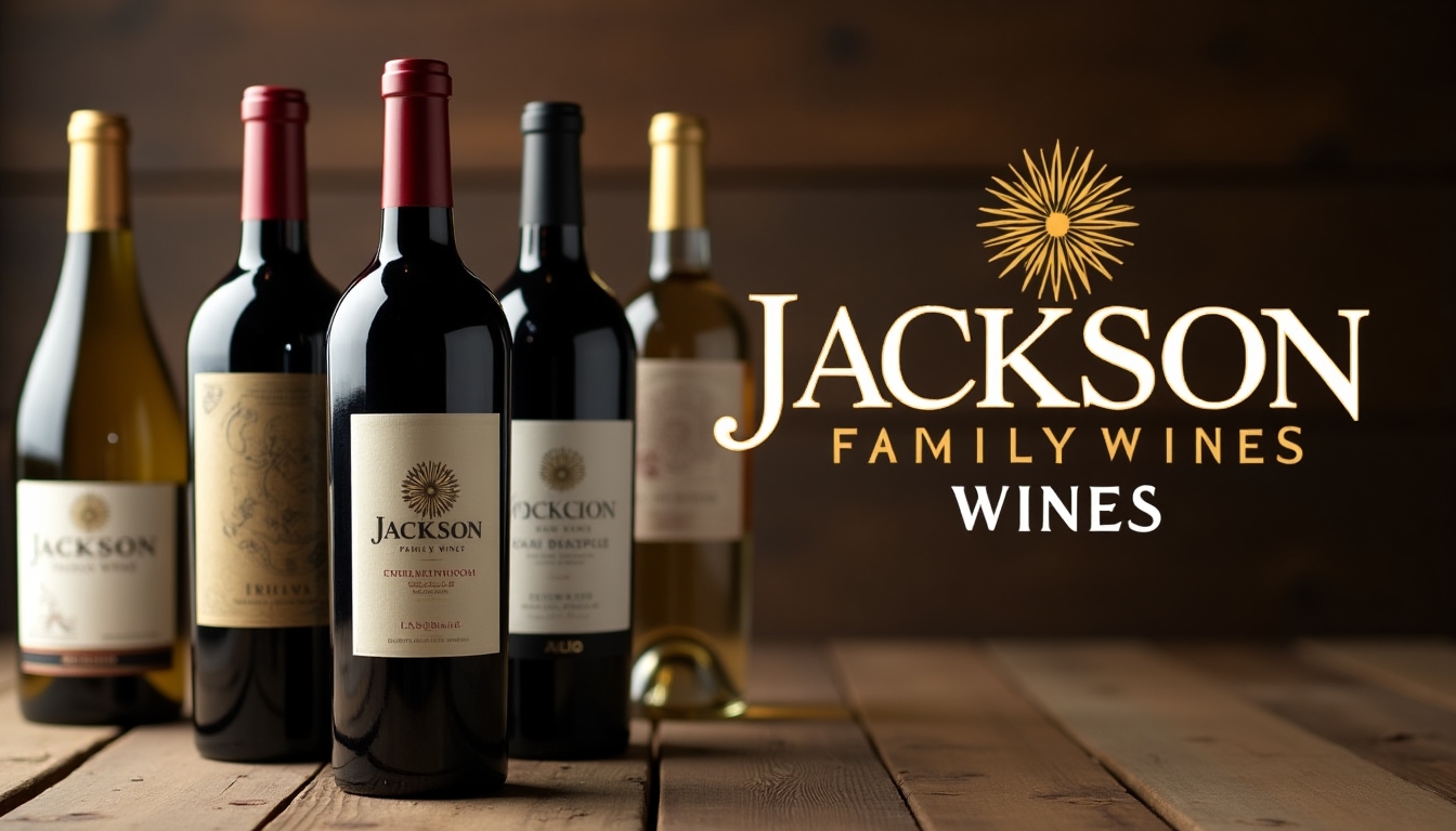 Jackson Family Wines logo with elegant wine bottles lined up showcasing variety.