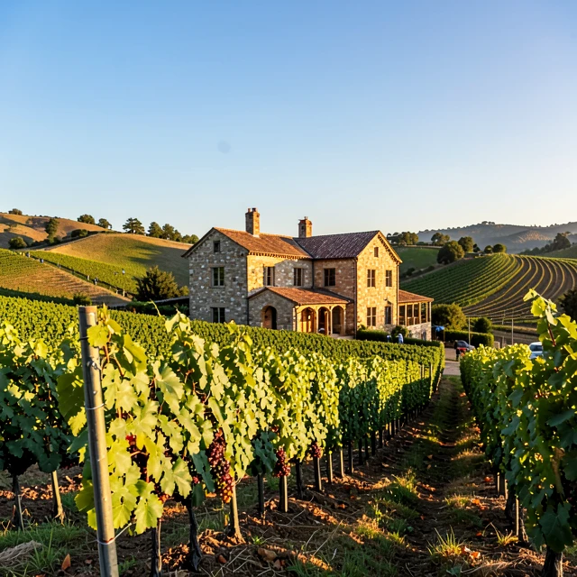 Historic Beringer Vineyards estate with Merlot vines at golden hour
