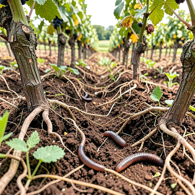 Close-up of living regenerative vineyard soil