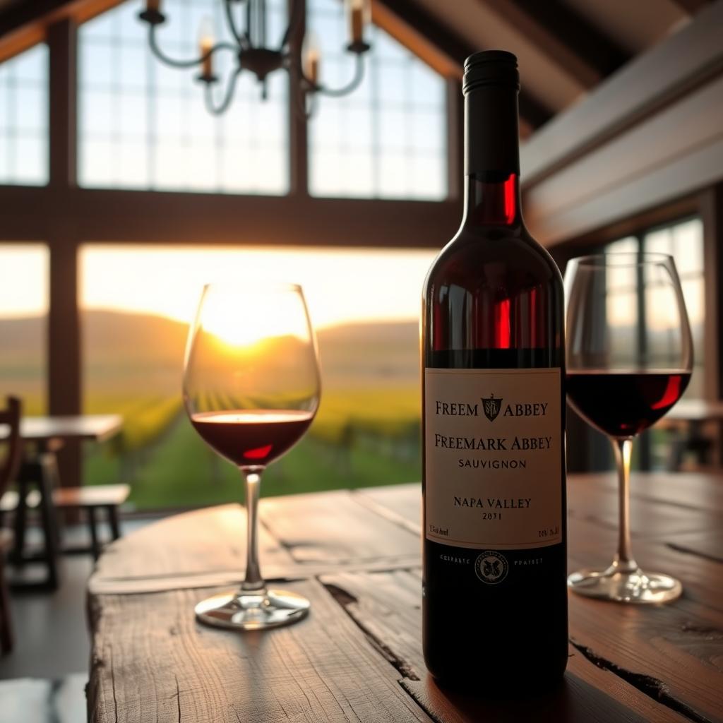 Freemark Abbey Cabernet Sauvignon bottle and glasses on a table in a Napa Valley tasting room