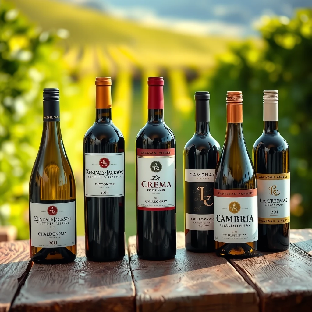Elegant arrangement of Jackson Family Wines bottles featuring Kendall-Jackson and La Crema on a wooden table with vineyard view
