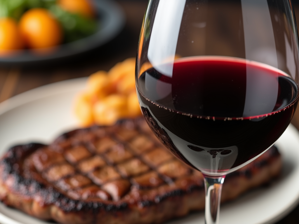 Wine glass with red wine and grilled steak