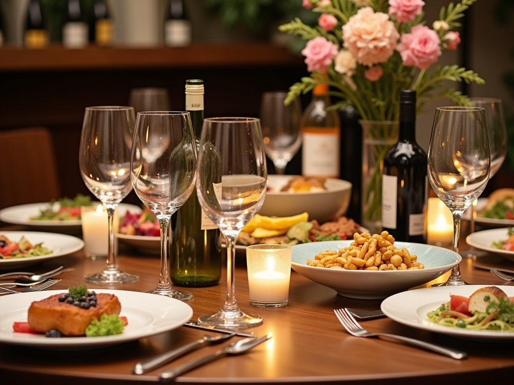 Elegant dining table with wine and food