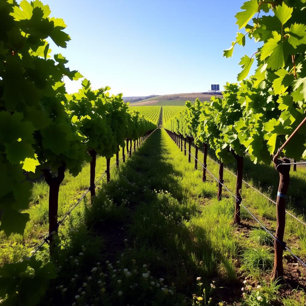 Sunlit Sonoma County vineyard with green grapevines, wildflower cover crops, and a solar panel array under a clear blue sky.