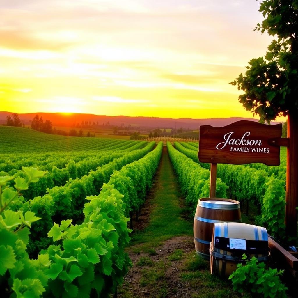 Sunset over a Napa Valley vineyard with Jackson Family Wines sign and wine barrels