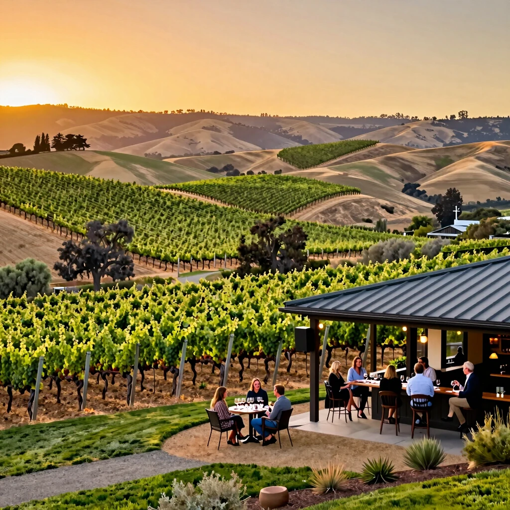 Scenic Sonoma County vineyard landscape at sunset with tasting patio