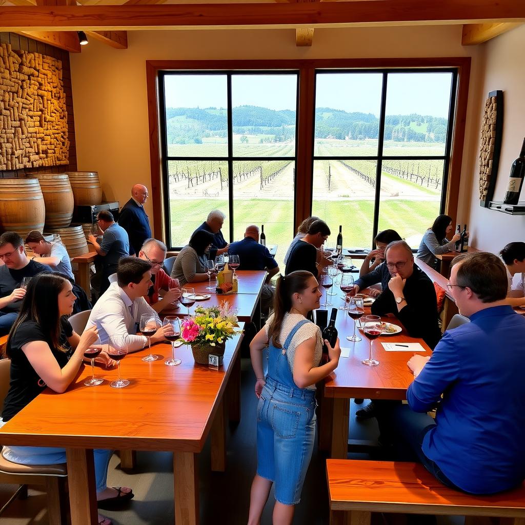 Winery tasting room with recycled decor and a view of workers planting cover crops outside