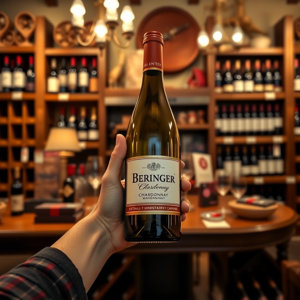 Hand holding a Beringer Chardonnay bottle in a winery gift shop