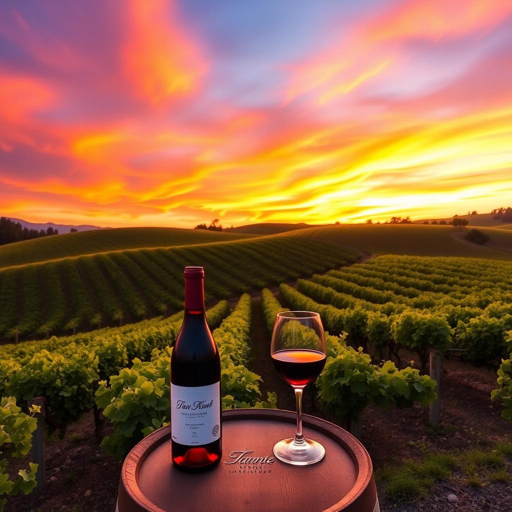 A bottle of wine and a glass on a wooden barrel in a vineyard at sunset with rolling green hills.