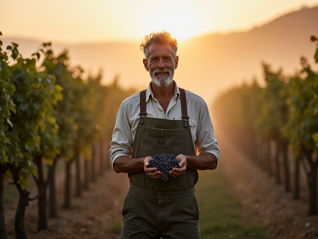 Winemaker holding grapes in vineyard at sunrise