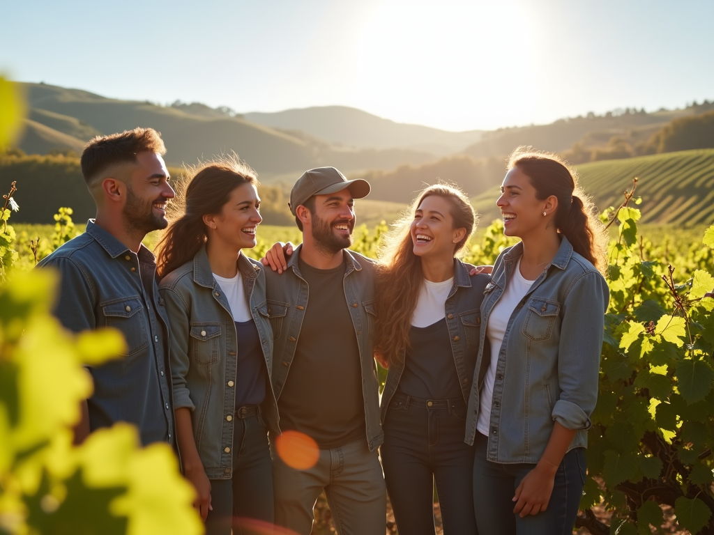 Workers laughing in sustainable vineyard