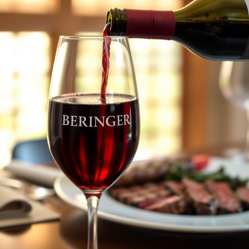 Close-up of a glass of Beringer Merlot with a dining table in the background