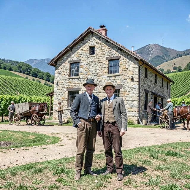 Founding Beringer brothers outside the original stone winery in 1877