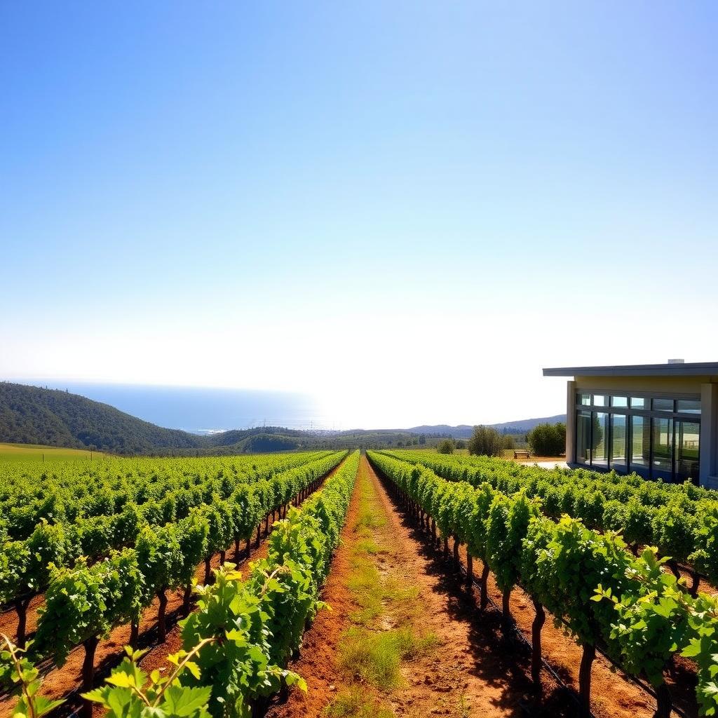 Midday view of a Santa Barbara vineyard with Pinot Noir vines and a modern tasting room