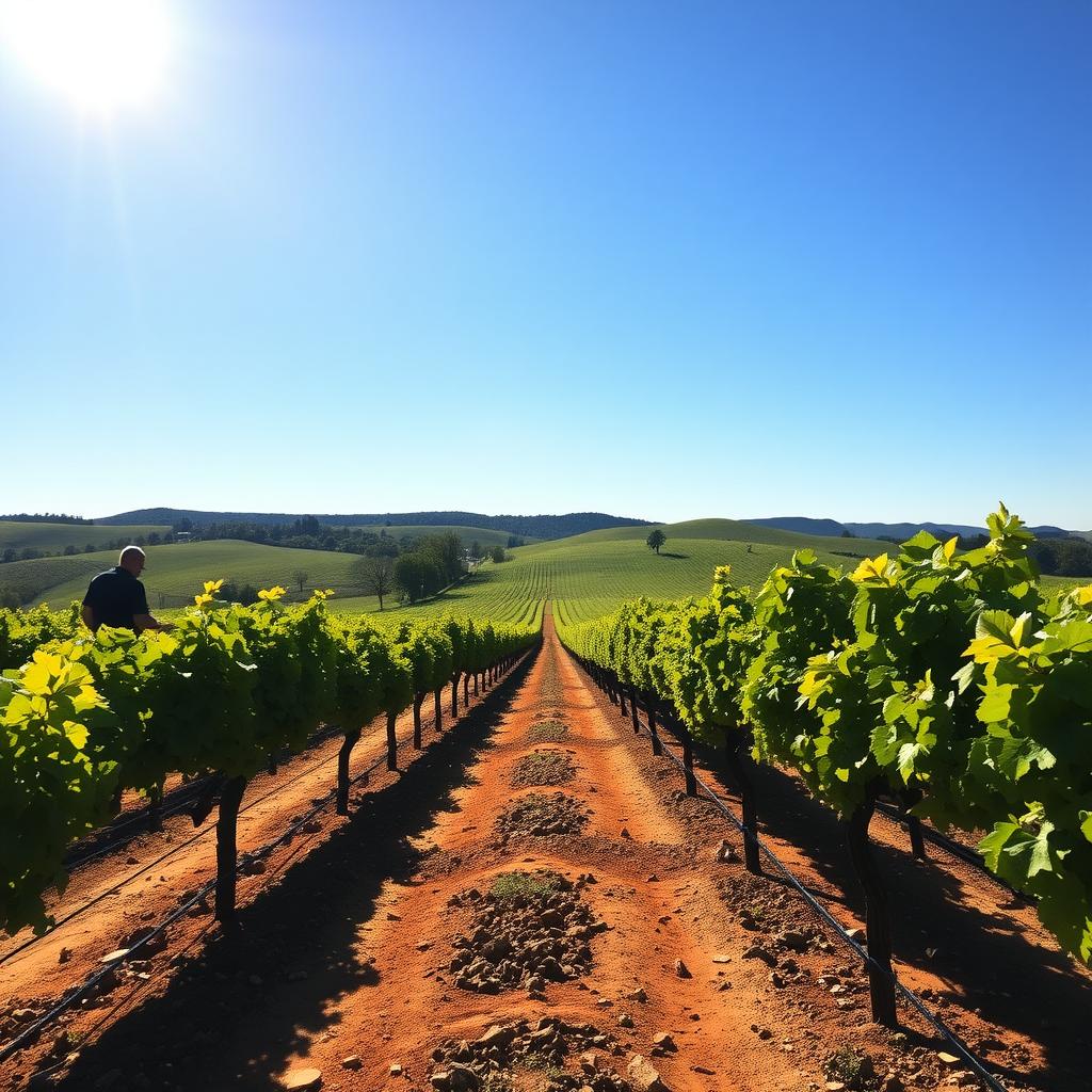 Tuscan vineyard with green vines under a sunny sky
