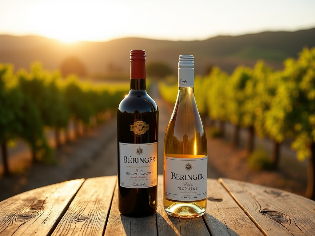 Beringer Cabernet Sauvignon and Chardonnay bottles with vineyard view.