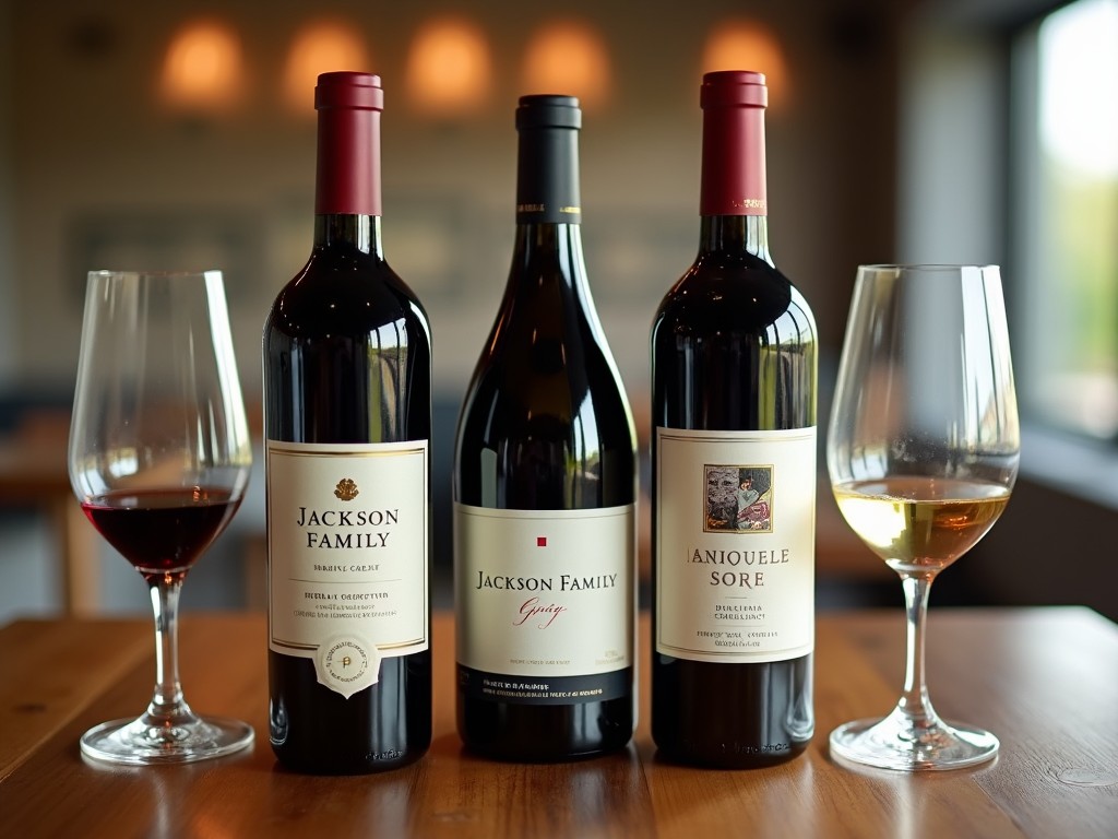 Group of three elegant wine bottles from different Jackson brands, labeled Kendall-Jackson, La Crema, and Cambria, placed on a polished wooden table.