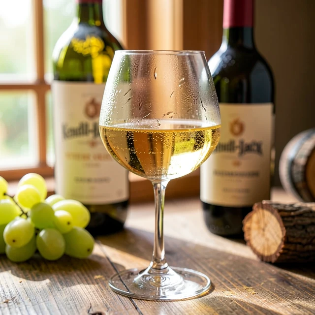 Glass of Kendall-Jackson Vintner's Reserve Chardonnay with grapes and barrel