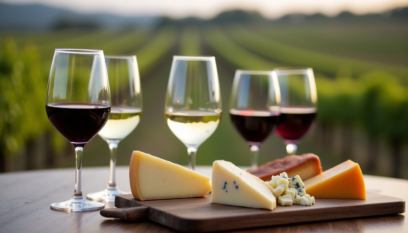 A table set with wine glasses and an assortment of cheese, crackers, and charcuterie for a wine pairing session.