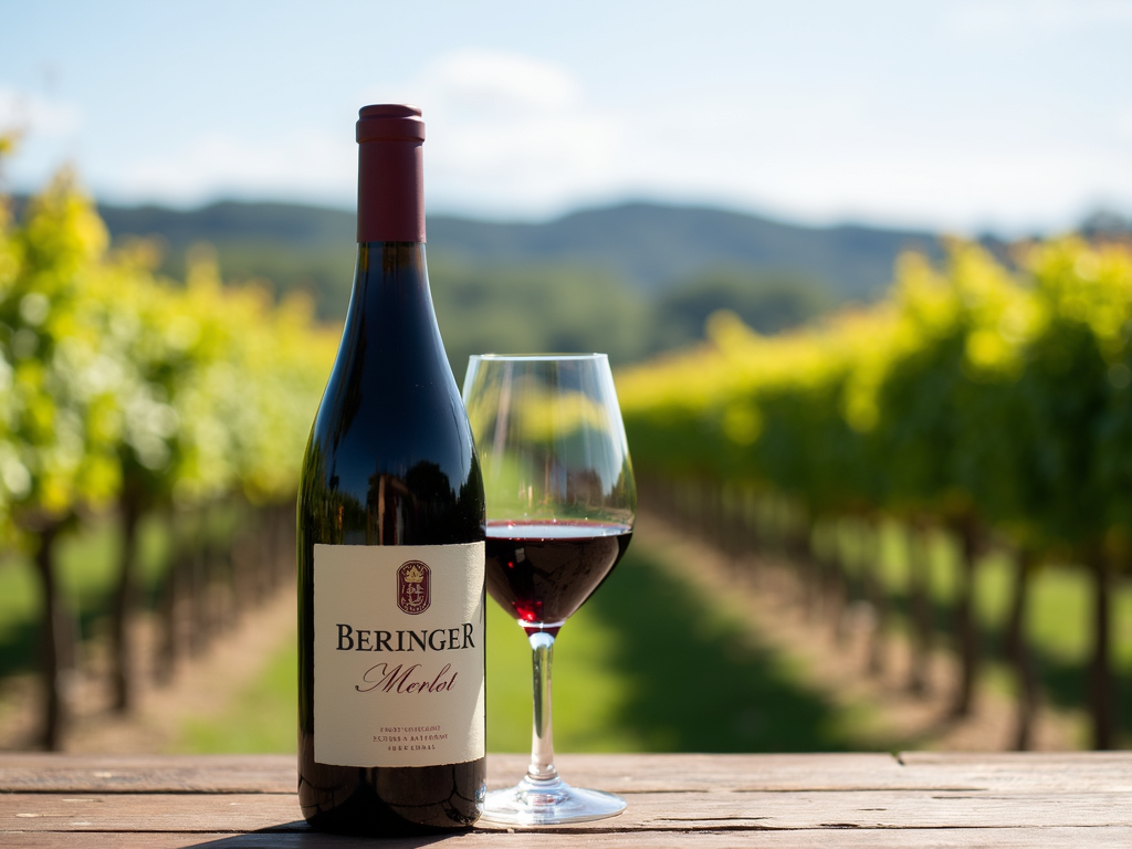 Beringer Merlot bottle and glass.