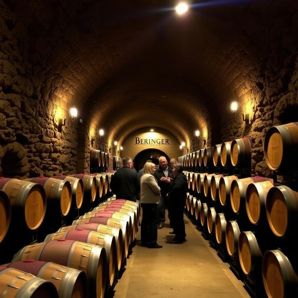 Beringer’s wine caves with oak barrels along stone walls and a guide leading a tour group.