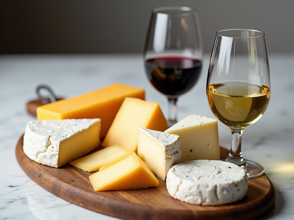 Cheese board with red and white wine